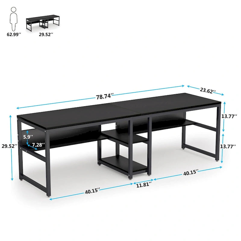 78.7 Two Person Desk with Bookshelf, Office Double Desk for Two Person