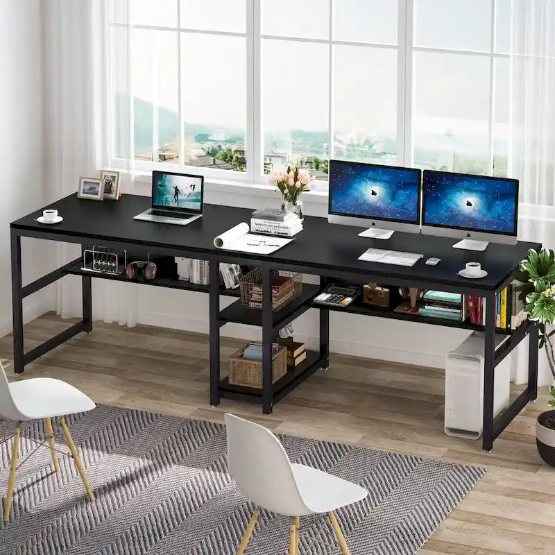 78.7 Two Person Desk with Bookshelf, Office Double Desk for Two Person