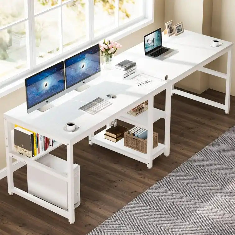 78.7 Two Person Desk with Bookshelf, Office Double Desk for Two Person