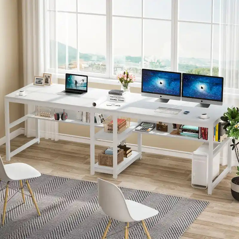 78.7 Two Person Desk with Bookshelf, Office Double Desk for Two Person