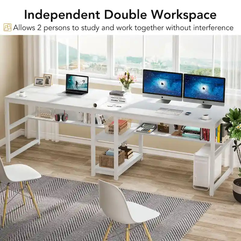78.7 Two Person Desk with Bookshelf, Office Double Desk for Two Person