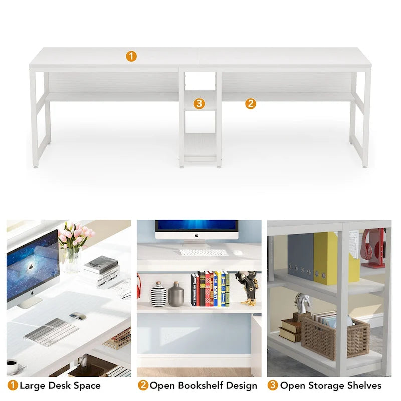 78.7 Two Person Desk with Bookshelf, Office Double Desk for Two Person