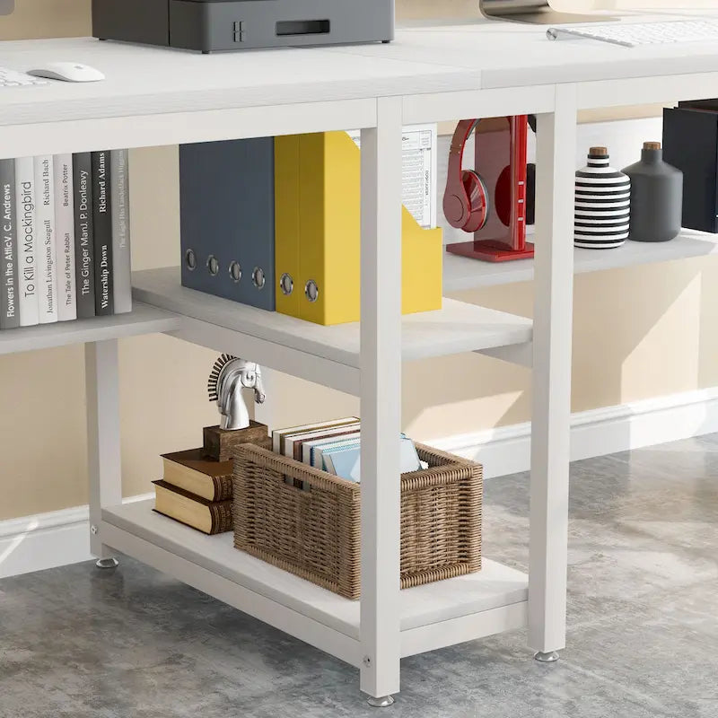 78.7 Two Person Desk with Bookshelf, Office Double Desk for Two Person