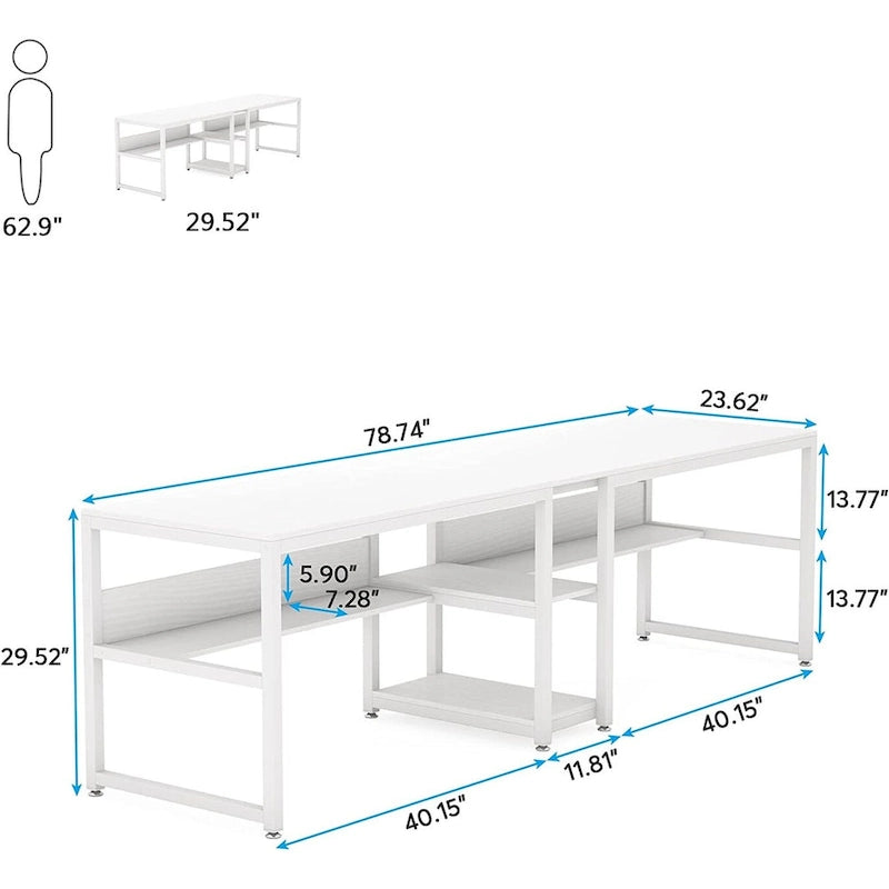 78.7 Two Person Desk with Bookshelf, Office Double Desk for Two Person