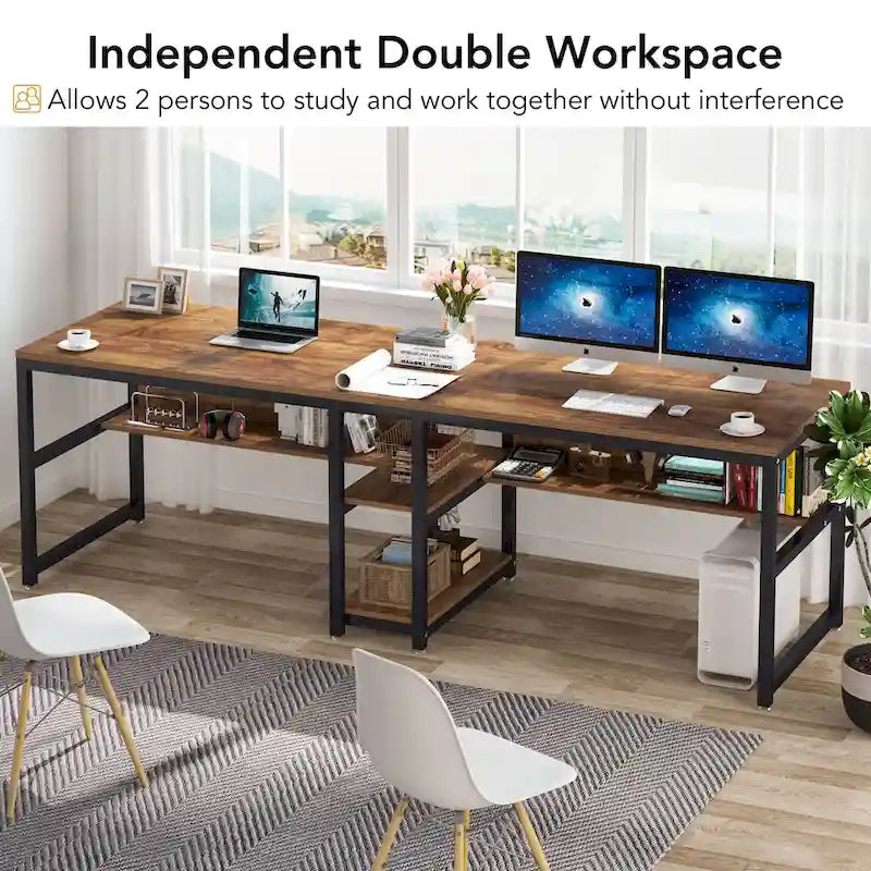 78.7 Two Person Desk with Bookshelf, Office Double Desk for Two Person