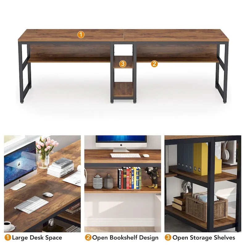 78.7 Two Person Desk with Bookshelf, Office Double Desk for Two Person