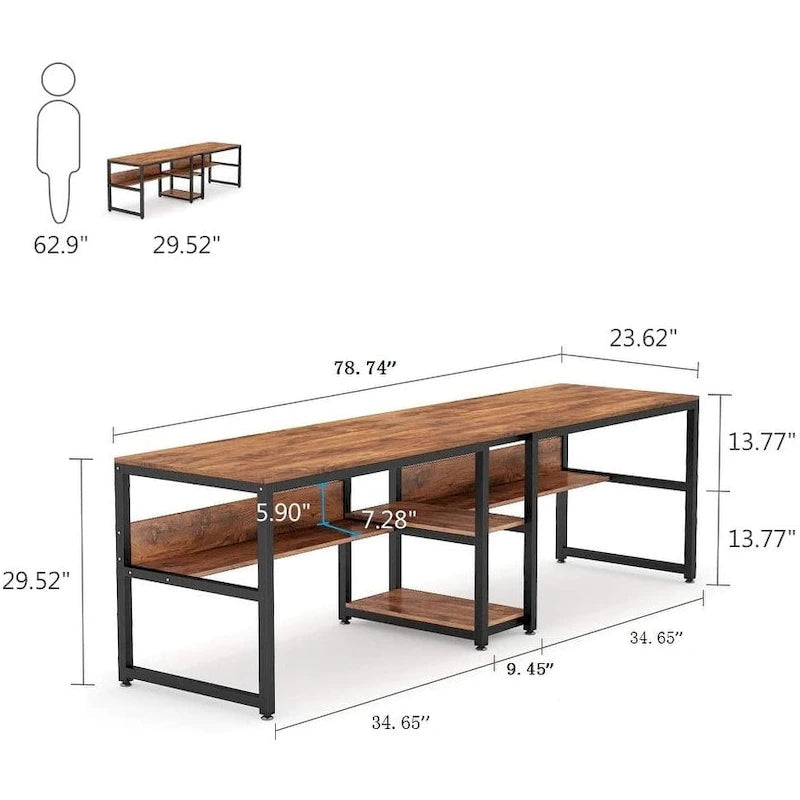 78.7 Two Person Desk with Bookshelf, Office Double Desk for Two Person