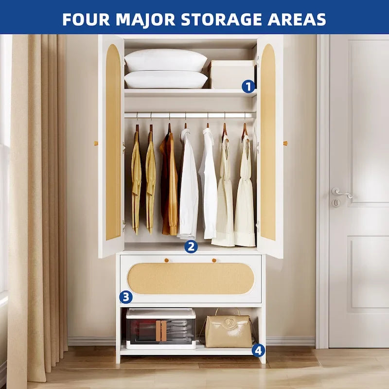 Moasis 70 Rattan Armoire Bedroom Wardrobe with Drawer & Hanging Rod