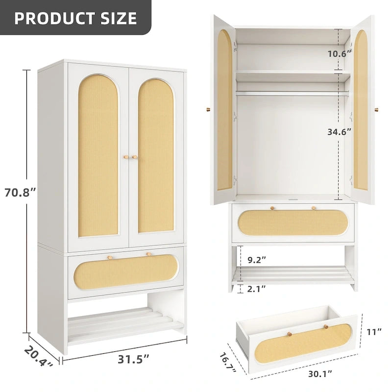 Moasis 70 Rattan Armoire Bedroom Wardrobe with Drawer & Hanging Rod