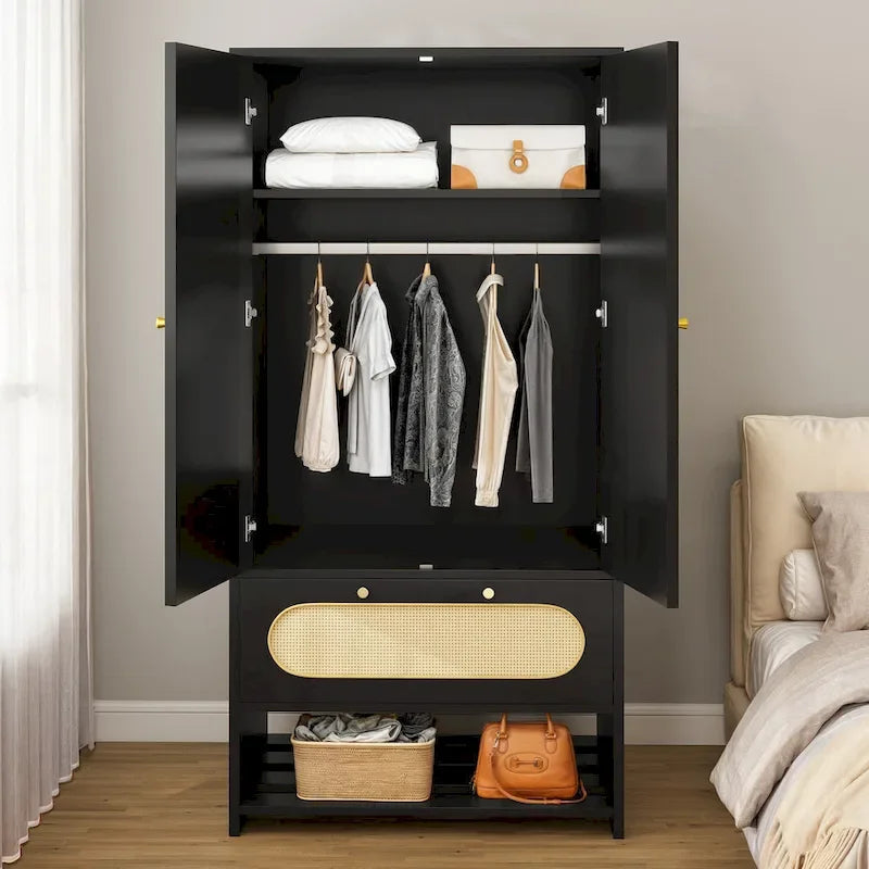 Moasis 70 Rattan Armoire Bedroom Wardrobe with Drawer & Hanging Rod
