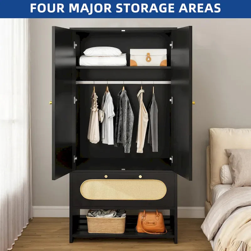 Moasis 70 Rattan Armoire Bedroom Wardrobe with Drawer & Hanging Rod