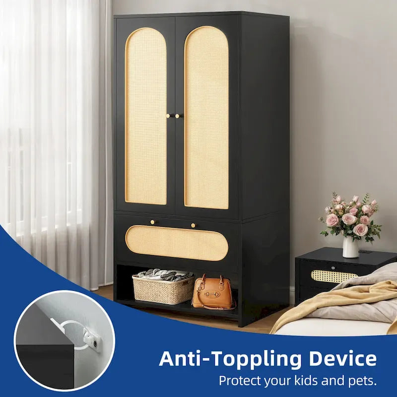 Moasis 70 Rattan Armoire Bedroom Wardrobe with Drawer & Hanging Rod