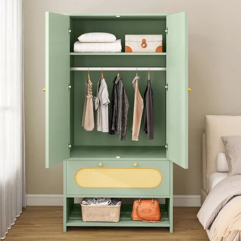 Moasis 70 Rattan Armoire Bedroom Wardrobe with Drawer & Hanging Rod