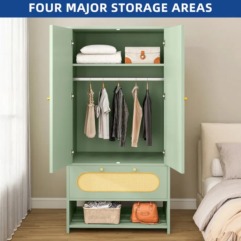 Moasis 70 Rattan Armoire Bedroom Wardrobe with Drawer & Hanging Rod
