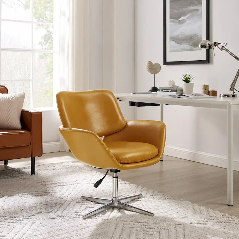 Orange Leather Swivel Office Chair - Single Seater Adjustable