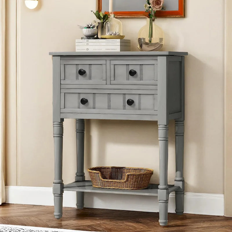 Narrow table, rustic entrance table, slim sofa table, three storage drawers and bottom shelf