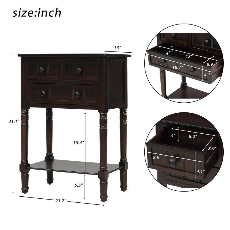 Narrow table, rustic entrance table, slim sofa table, three storage drawers and bottom shelf