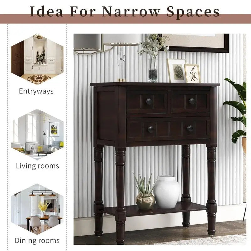 Narrow table, rustic entrance table, slim sofa table, three storage drawers and bottom shelf