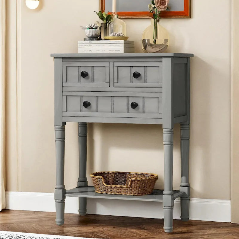 Narrow table, rustic entrance table, slim sofa table, three storage drawers and bottom shelf