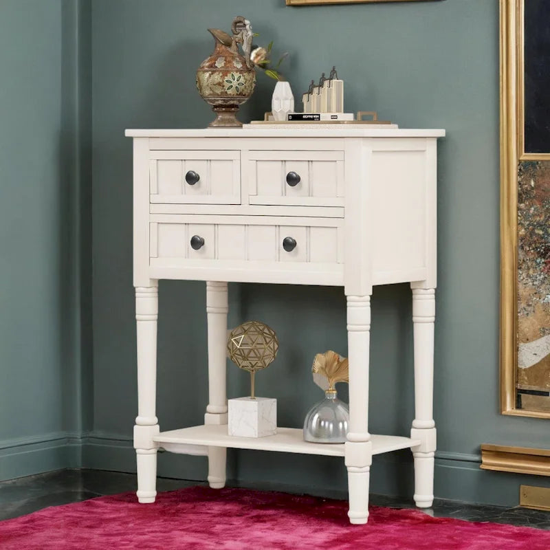 Narrow table, rustic entrance table, slim sofa table, three storage drawers and bottom shelf