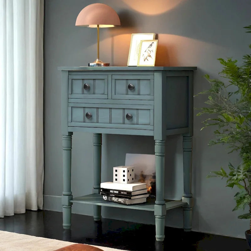 Narrow table, rustic entrance table, slim sofa table, three storage drawers and bottom shelf