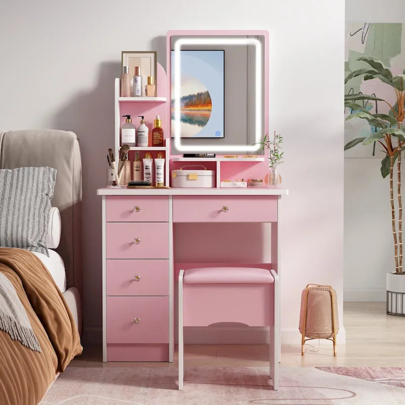 Vanity Set With Mirror and Lamp Home Makeup Dressing Table with Stool