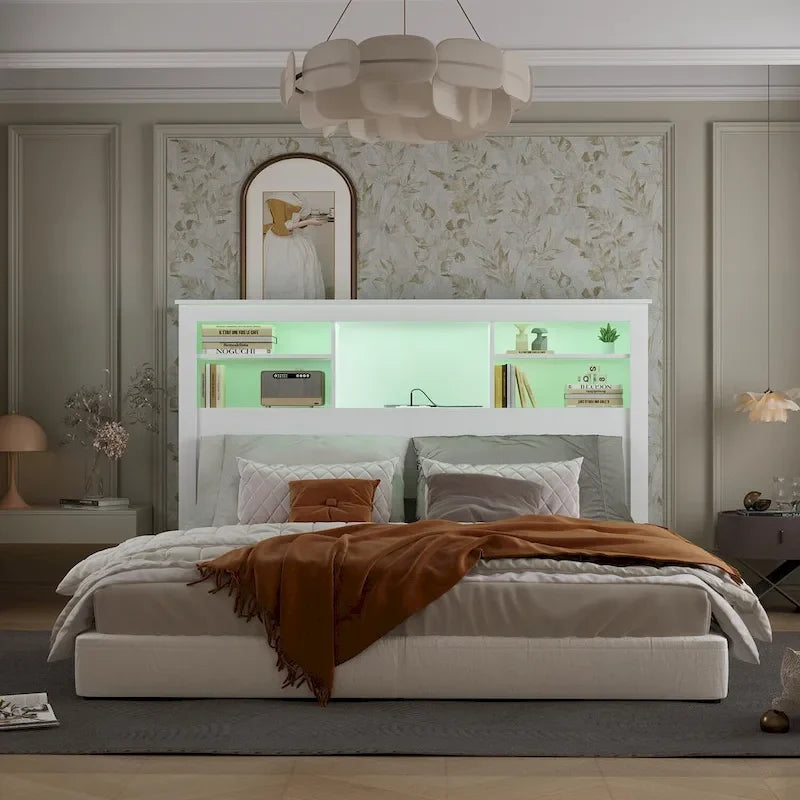 65Timechee Queen Bookcase Headboard RGB Light Adjustable Shelf