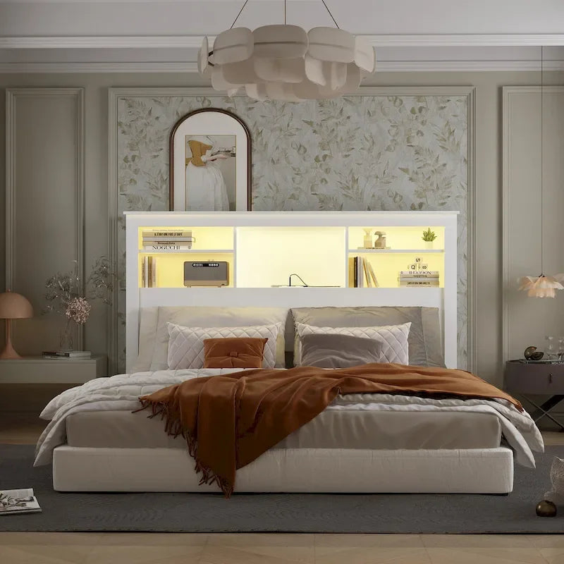 65Timechee Queen Bookcase Headboard RGB Light Adjustable Shelf