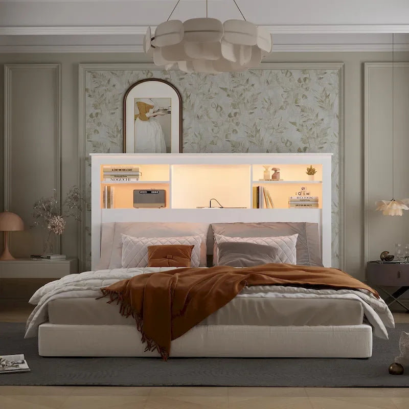 65Timechee Queen Bookcase Headboard RGB Light Adjustable Shelf