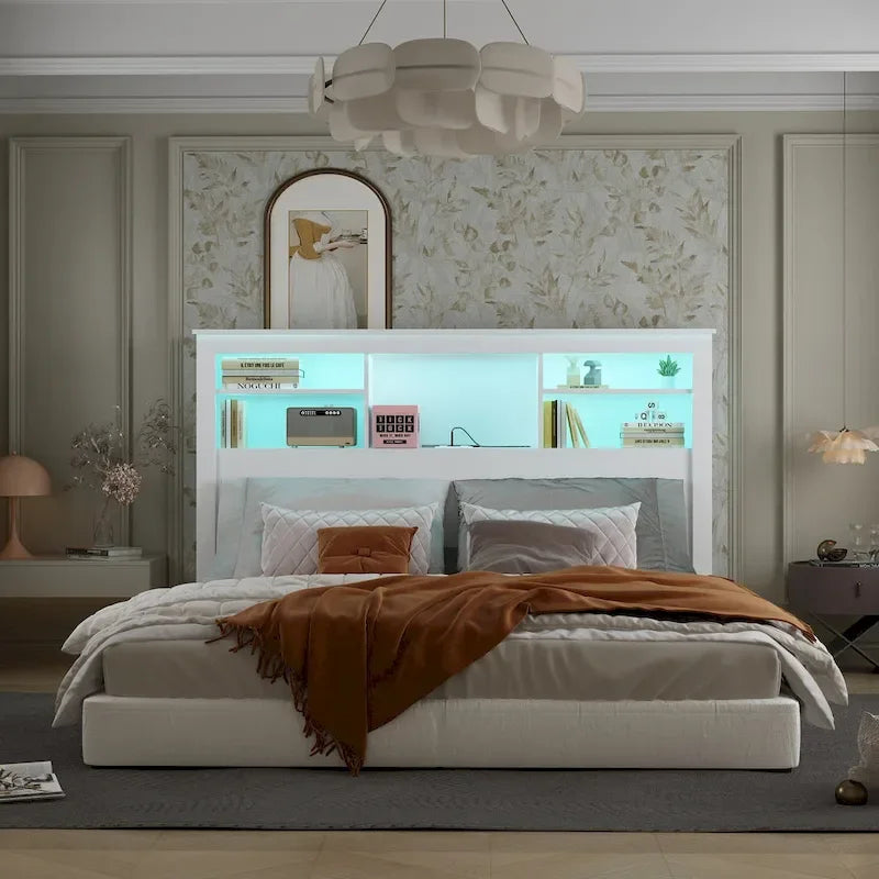 65Timechee Queen Bookcase Headboard RGB Light Adjustable Shelf
