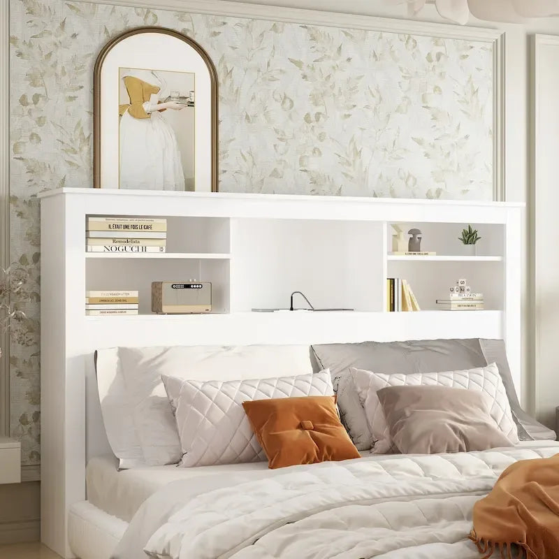 65Timechee Queen Bookcase Headboard RGB Light Adjustable Shelf