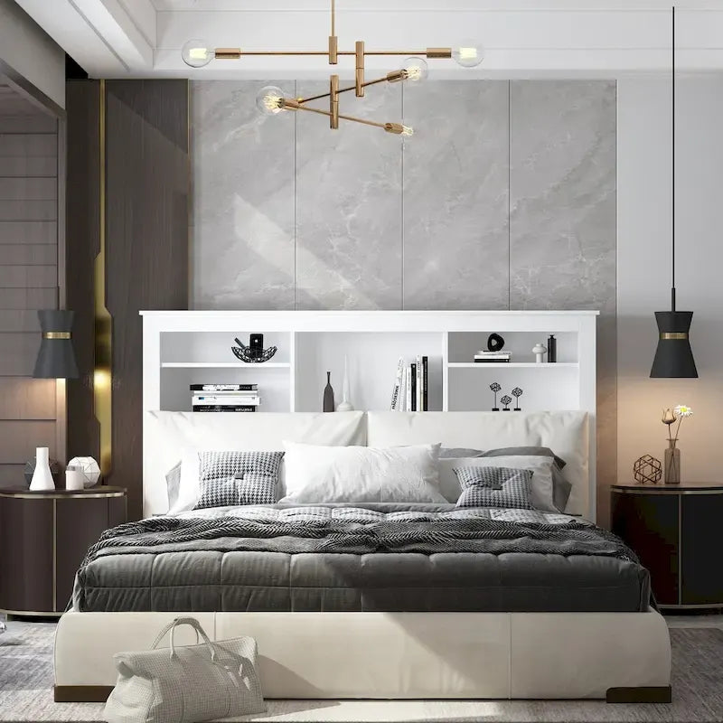 65Timechee Queen Bookcase Headboard RGB Light Adjustable Shelf