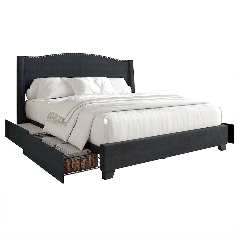 CraftPorch Elegant Chrome Nailhead Wingback Upholstered Bed with Drawers