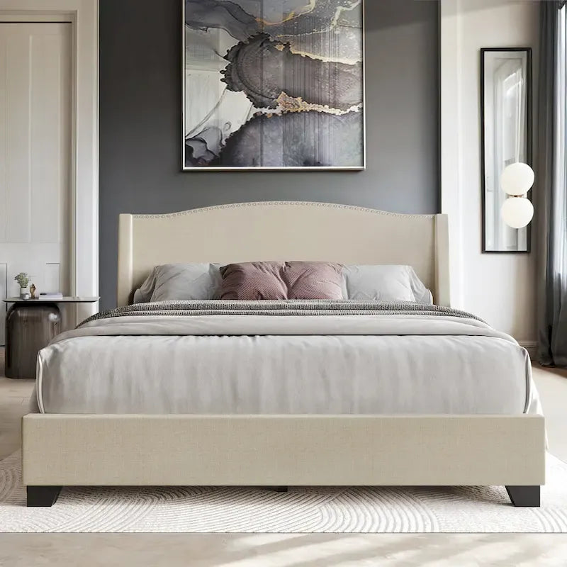 CraftPorch Elegant Chrome Nailhead Wingback Upholstered Bed with Drawers