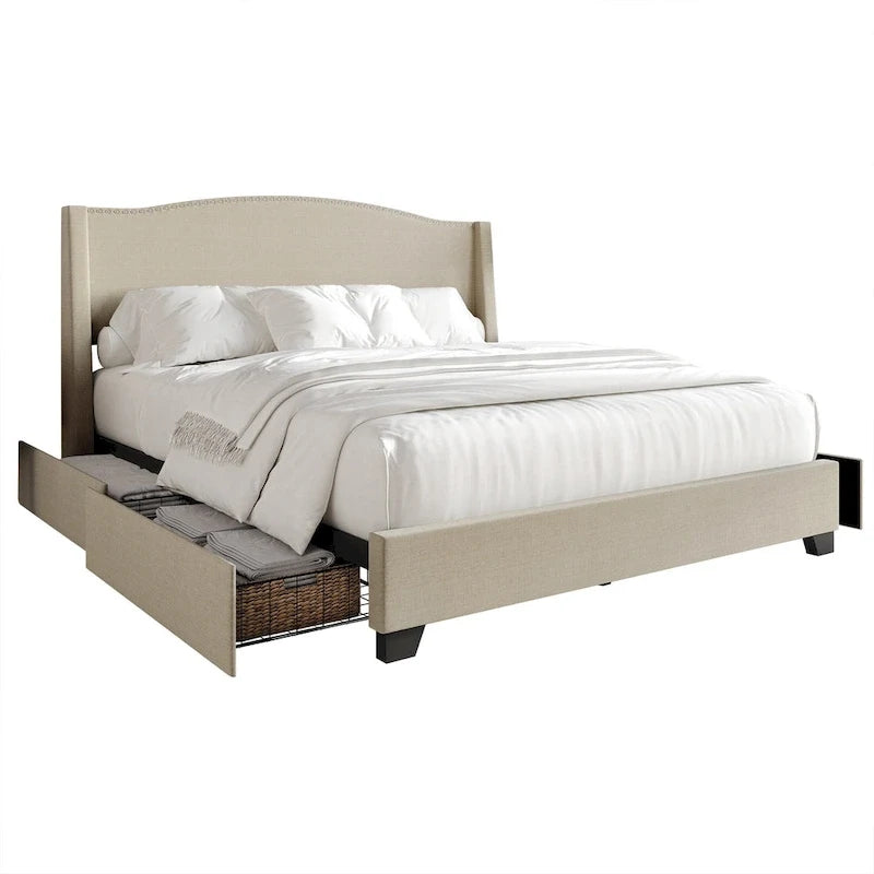 CraftPorch Elegant Chrome Nailhead Wingback Upholstered Bed with Drawers