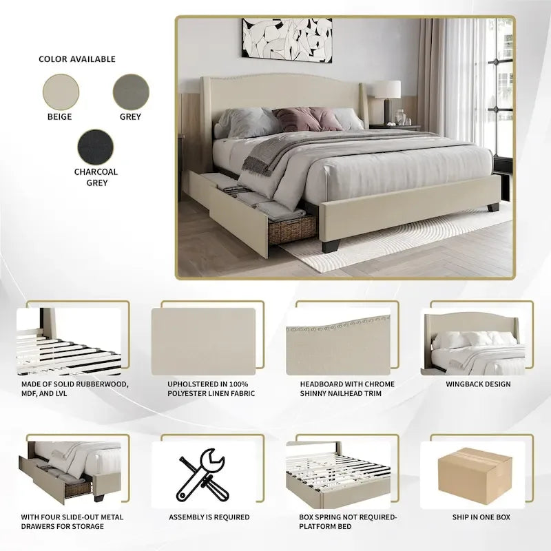 CraftPorch Elegant Chrome Nailhead Wingback Upholstered Bed with Drawers