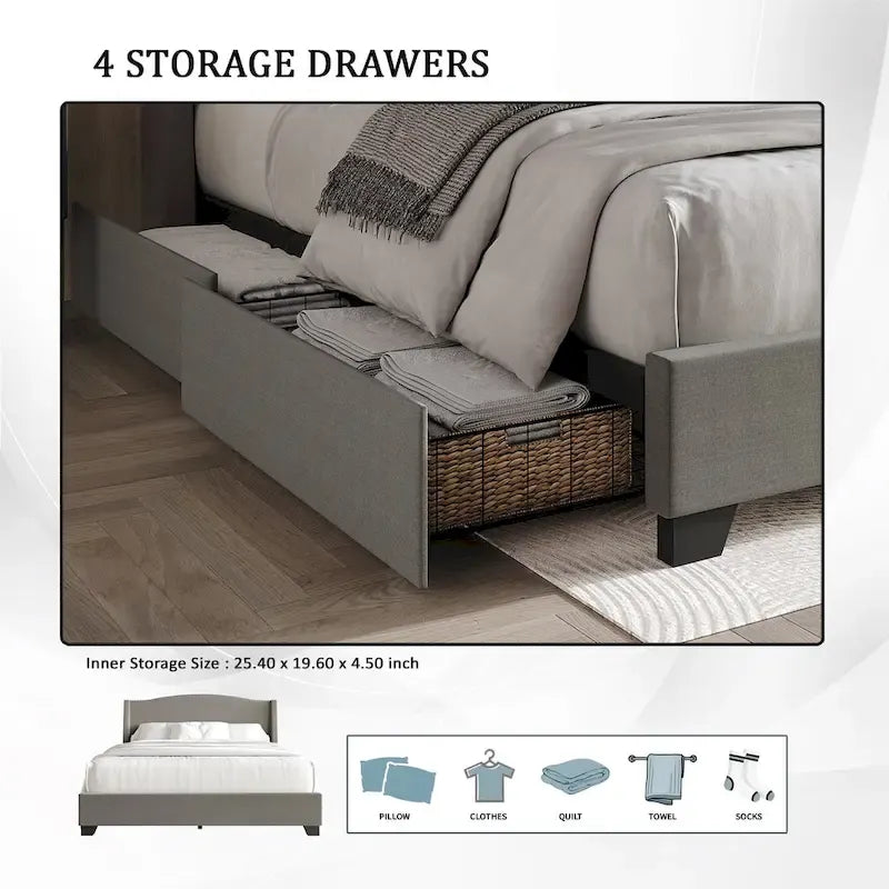 CraftPorch Elegant Chrome Nailhead Wingback Upholstered Bed with Drawers
