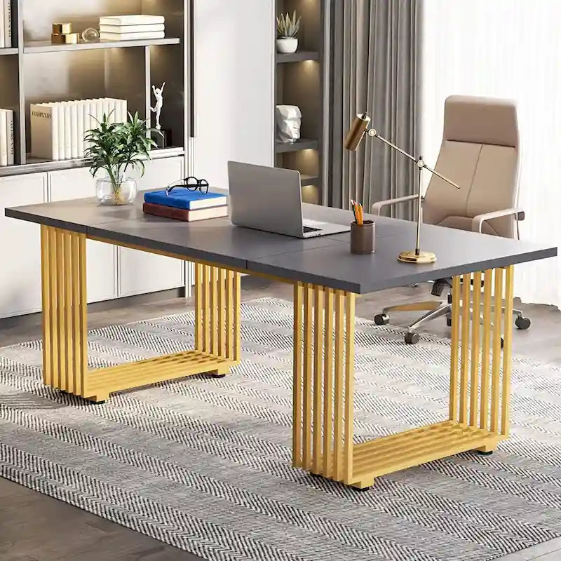 70.9 Modern Office Desk Wood Computer Desk, White Gold Executive Desk