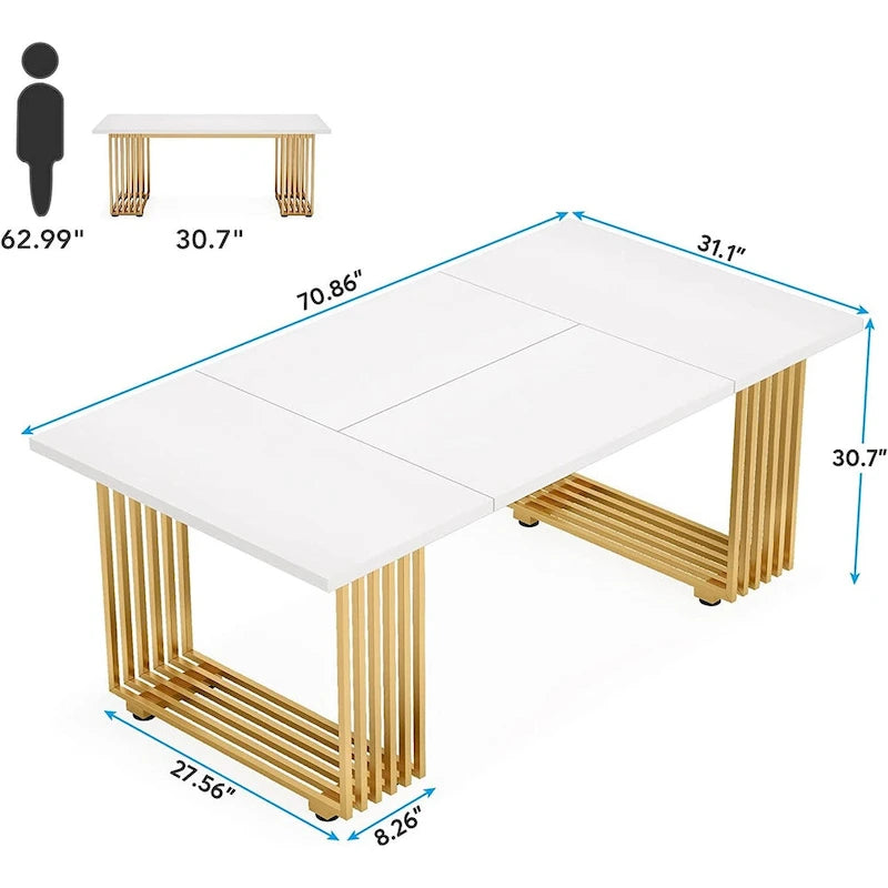 70.9 Modern Office Desk Wood Computer Desk, White Gold Executive Desk