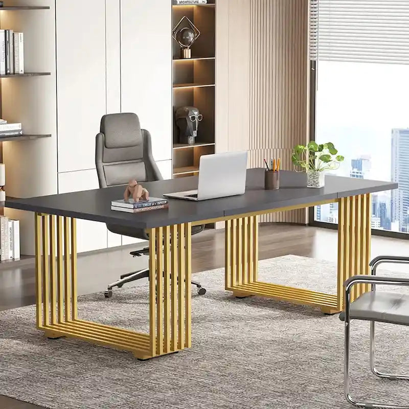 70.9 Modern Office Desk Wood Computer Desk, White Gold Executive Desk