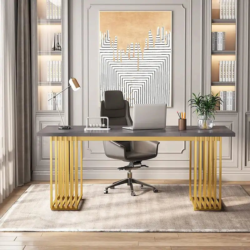 70.9 Modern Office Desk Wood Computer Desk, White Gold Executive Desk