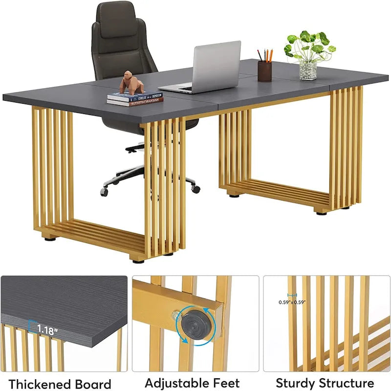 70.9 Modern Office Desk Wood Computer Desk, White Gold Executive Desk
