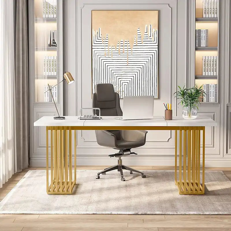 70.9 Modern Office Desk Wood Computer Desk, White Gold Executive Desk