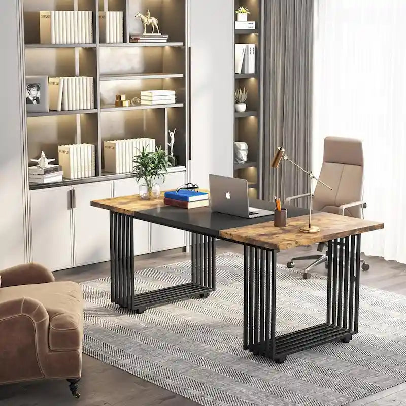 70.9 Modern Office Desk Wood Computer Desk, White Gold Executive Desk
