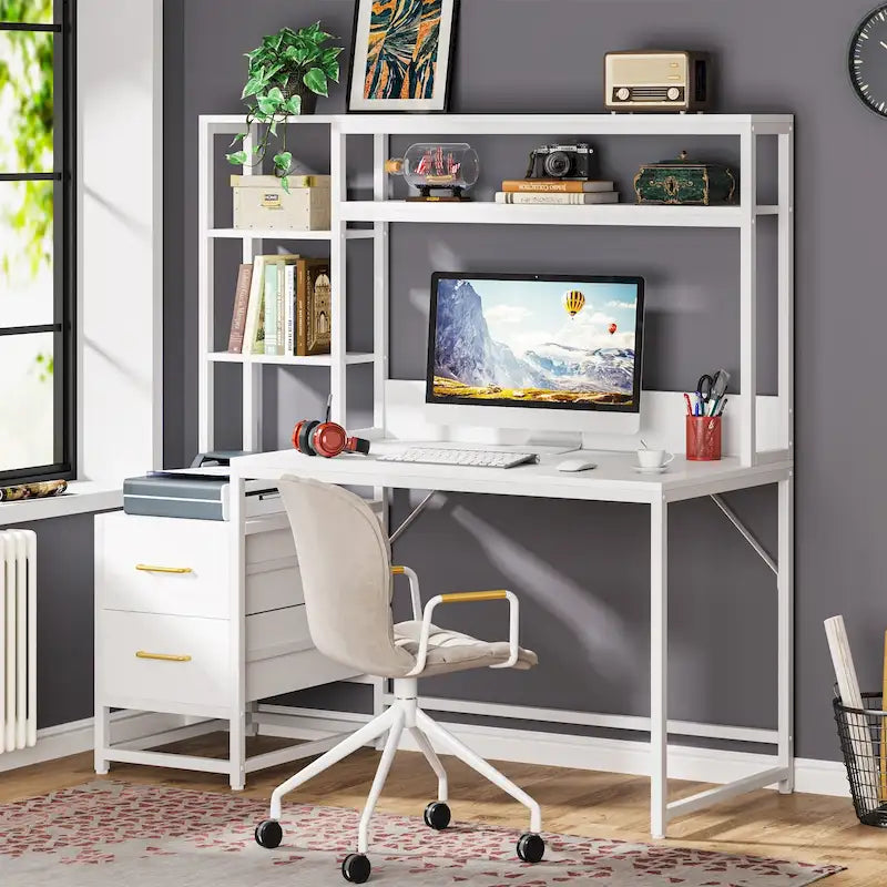 Rustic Computer Office Desk with Drawers and Hutch