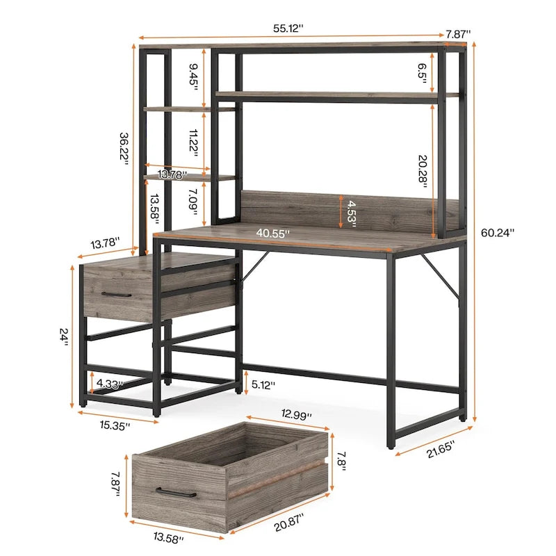 Rustic Computer Office Desk with Drawers and Hutch