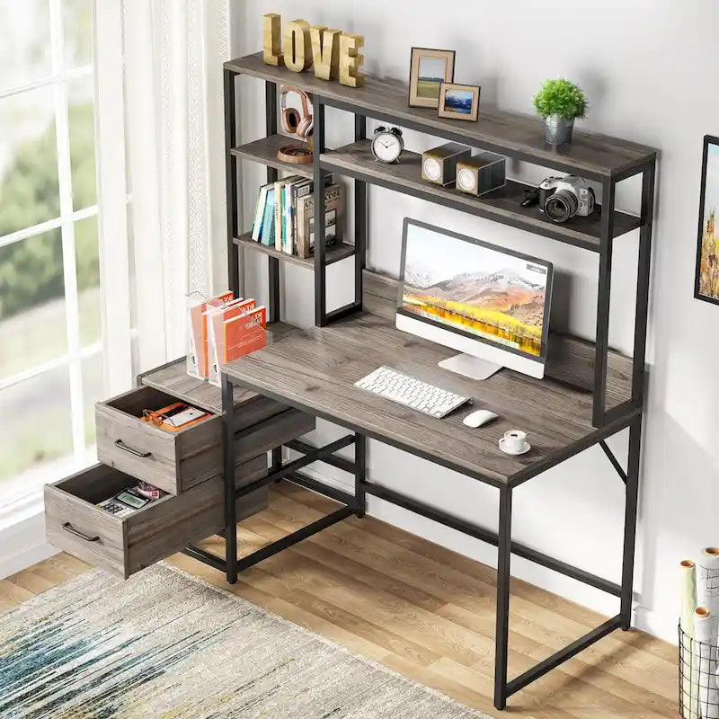 Rustic Computer Office Desk with Drawers and Hutch