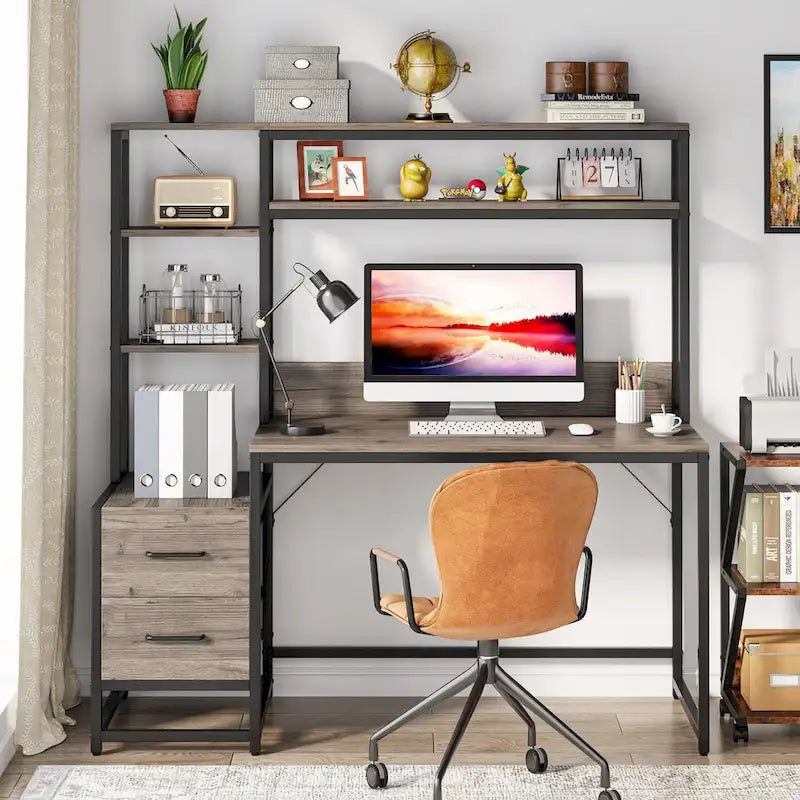 Rustic Computer Office Desk with Drawers and Hutch