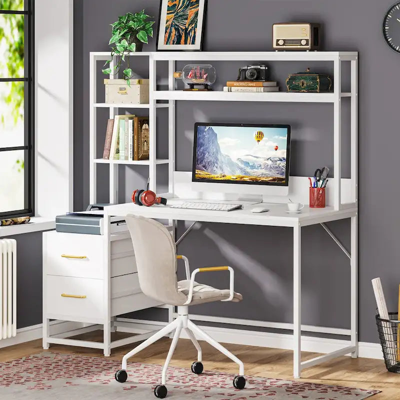 Rustic Computer Office Desk with Drawers and Hutch