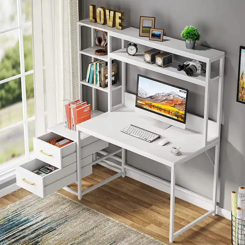 Rustic Computer Office Desk with Drawers and Hutch